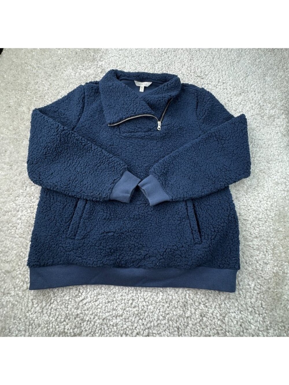 Garnet Hill Sherpa 1/4 Zip Mock Neck Pullover Sweatshirt Navy Blue Womens Medium